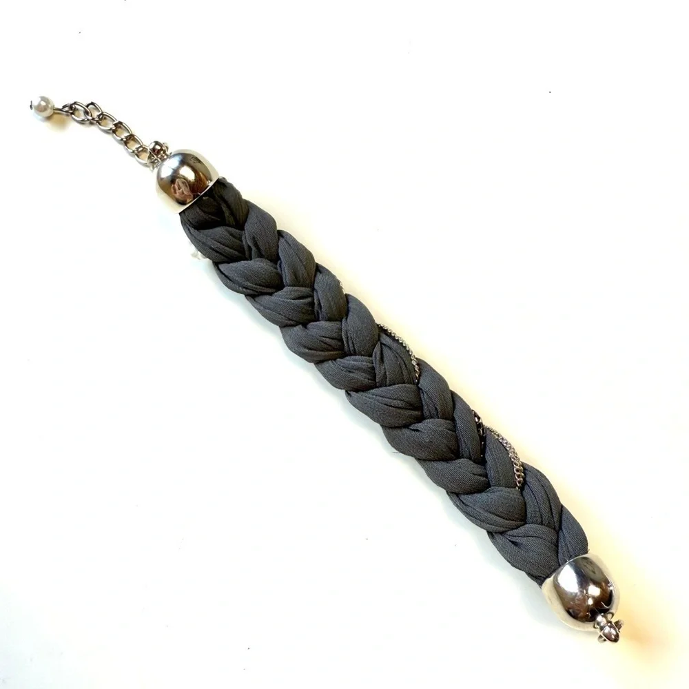 Handmade Gray Fabric Braided Statement Bracelet w/ Pearls & Chains